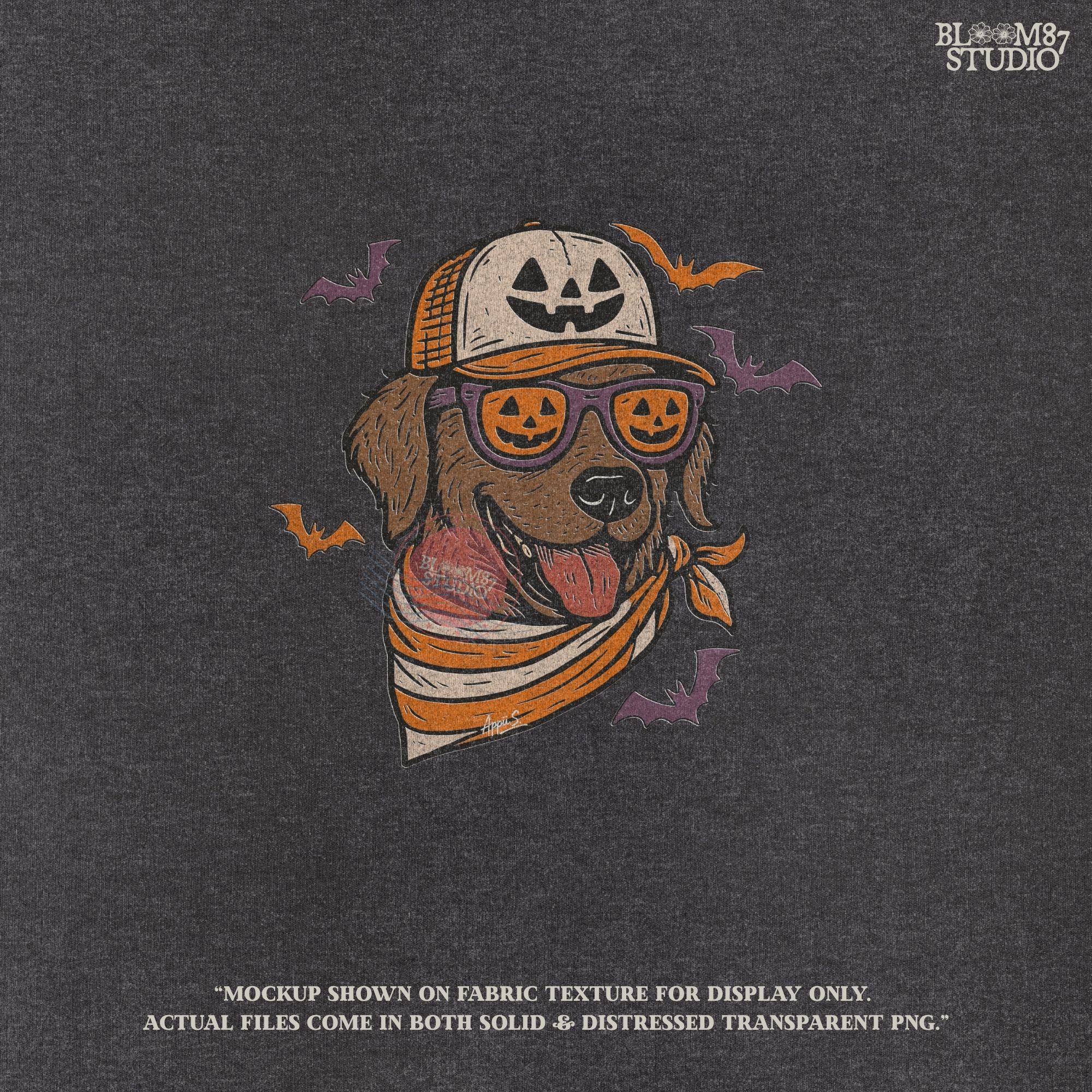 Chocolate labrador wearing pumpkin hat and jack-o’-lantern sunglasses with Halloween bats and orange bandana, Halloween sublimation PNG design