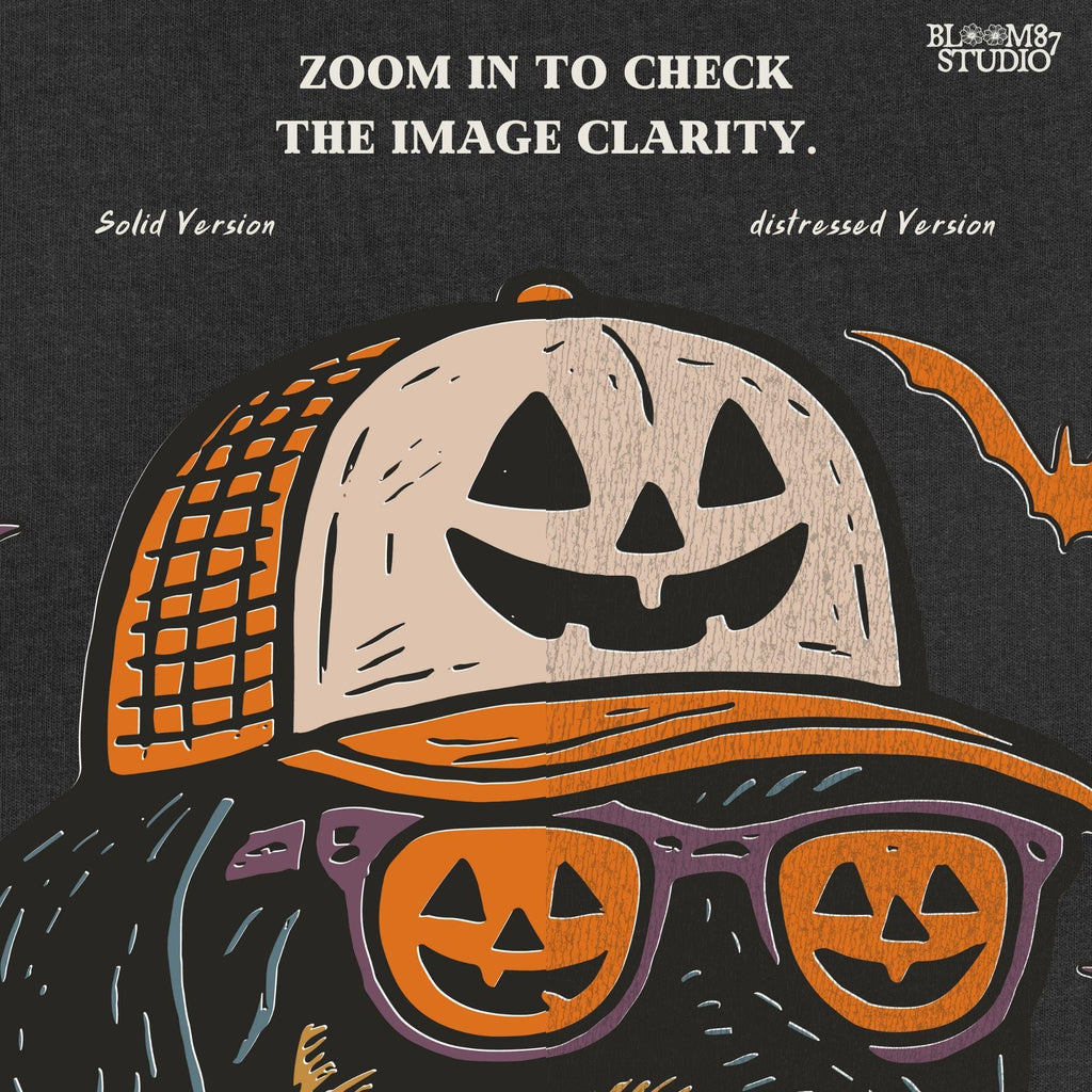 Halloween dachshund wearing pumpkin sunglasses, jack-o’-lantern hat, and orange bandana with flying bats, sublimation PNG design