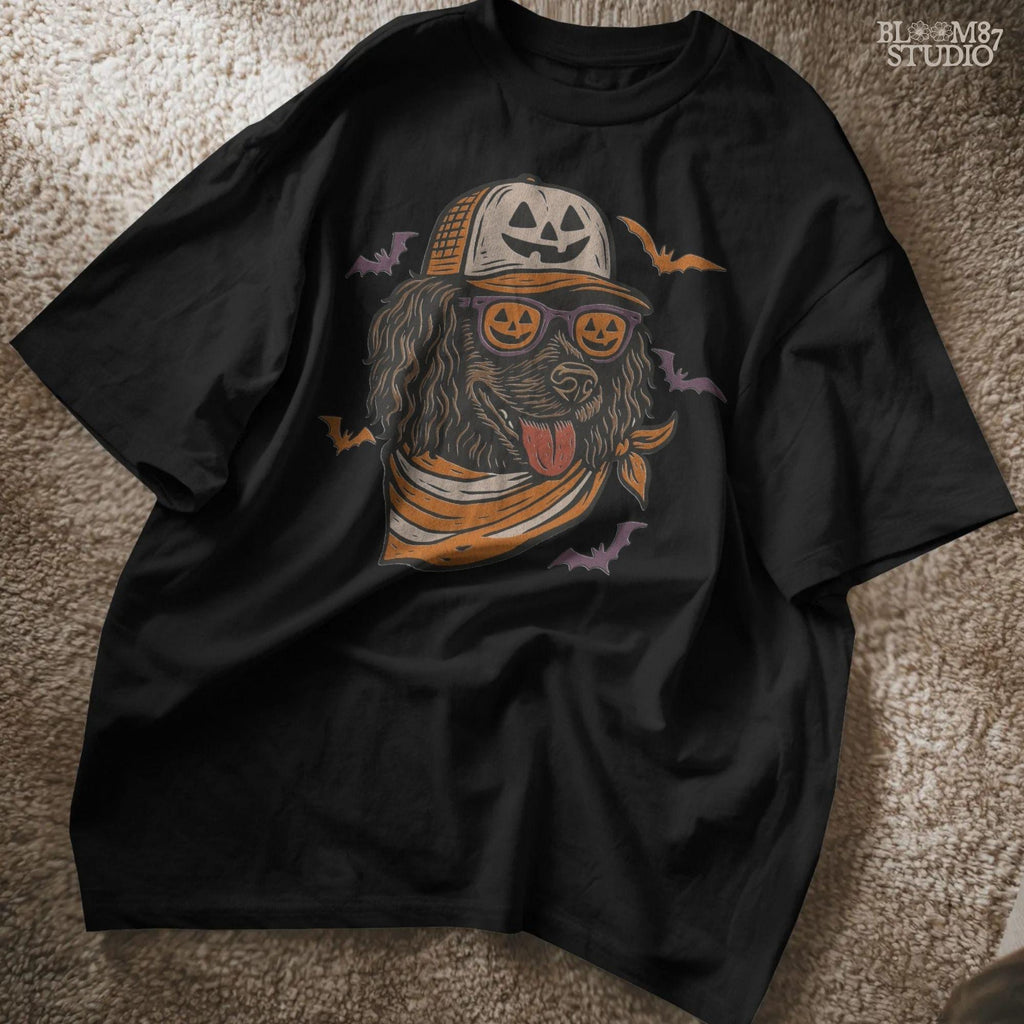 Boykin Spaniel dog wearing pumpkin sunglasses and Halloween hat with bats flying around, spooky sublimation PNG design for fall shirts