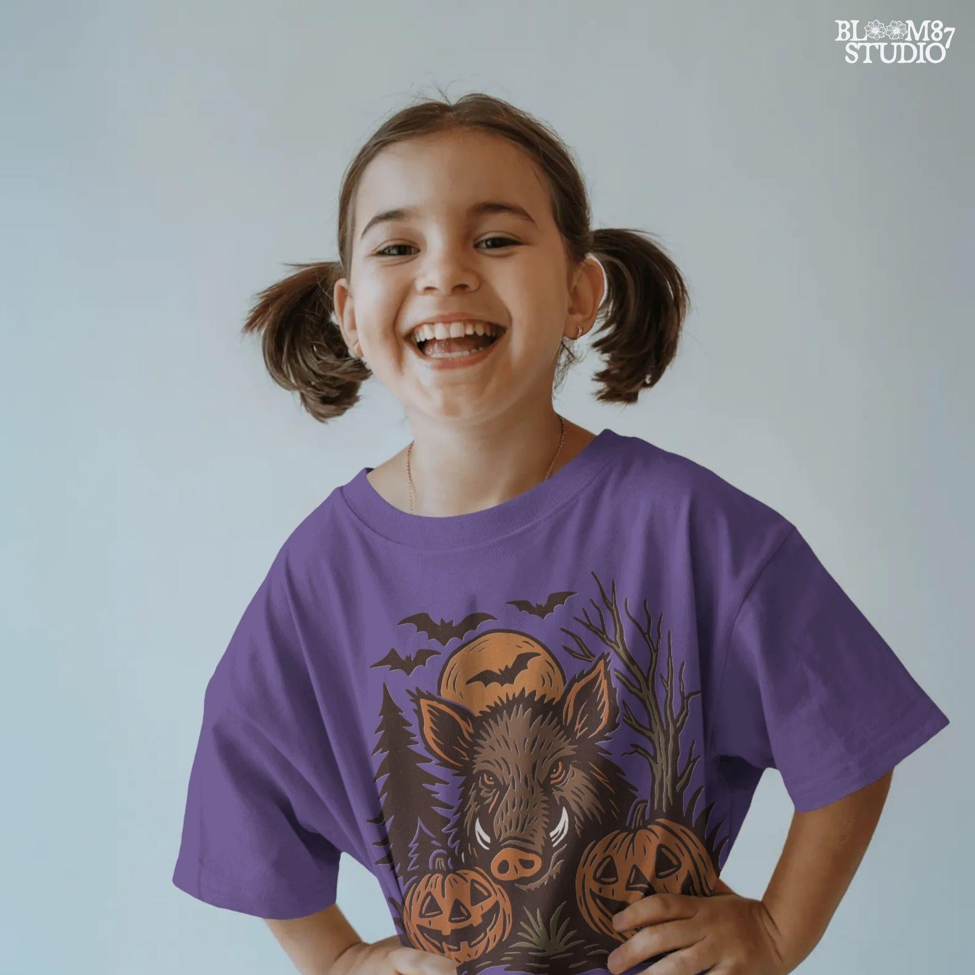 Halloween wild boar sublimation PNG featuring a fierce hog with jack-o’-lantern pumpkins, bats, and spooky forest background in vintage style