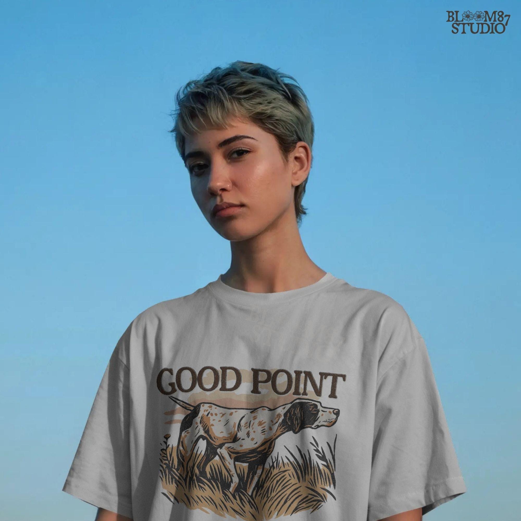 Vintage-style sublimation PNG of an English Pointer dog in a hunting stance with the phrase “Good Point” for upland hunting shirts and gifts