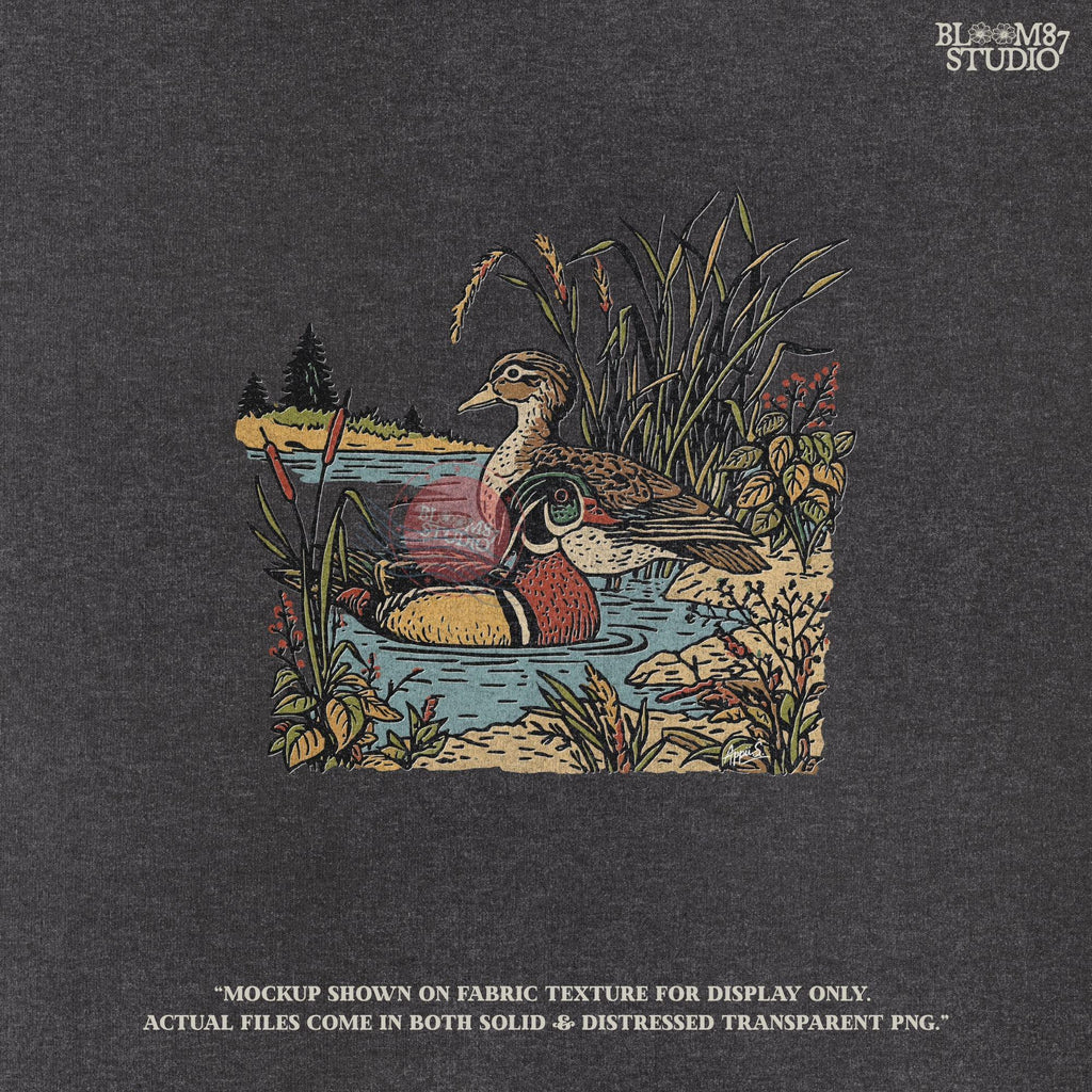 Vintage-style sublimation PNG of two wood ducks in a fall marsh surrounded by cattails and foliage, designed for duck hunting shirts and gifts