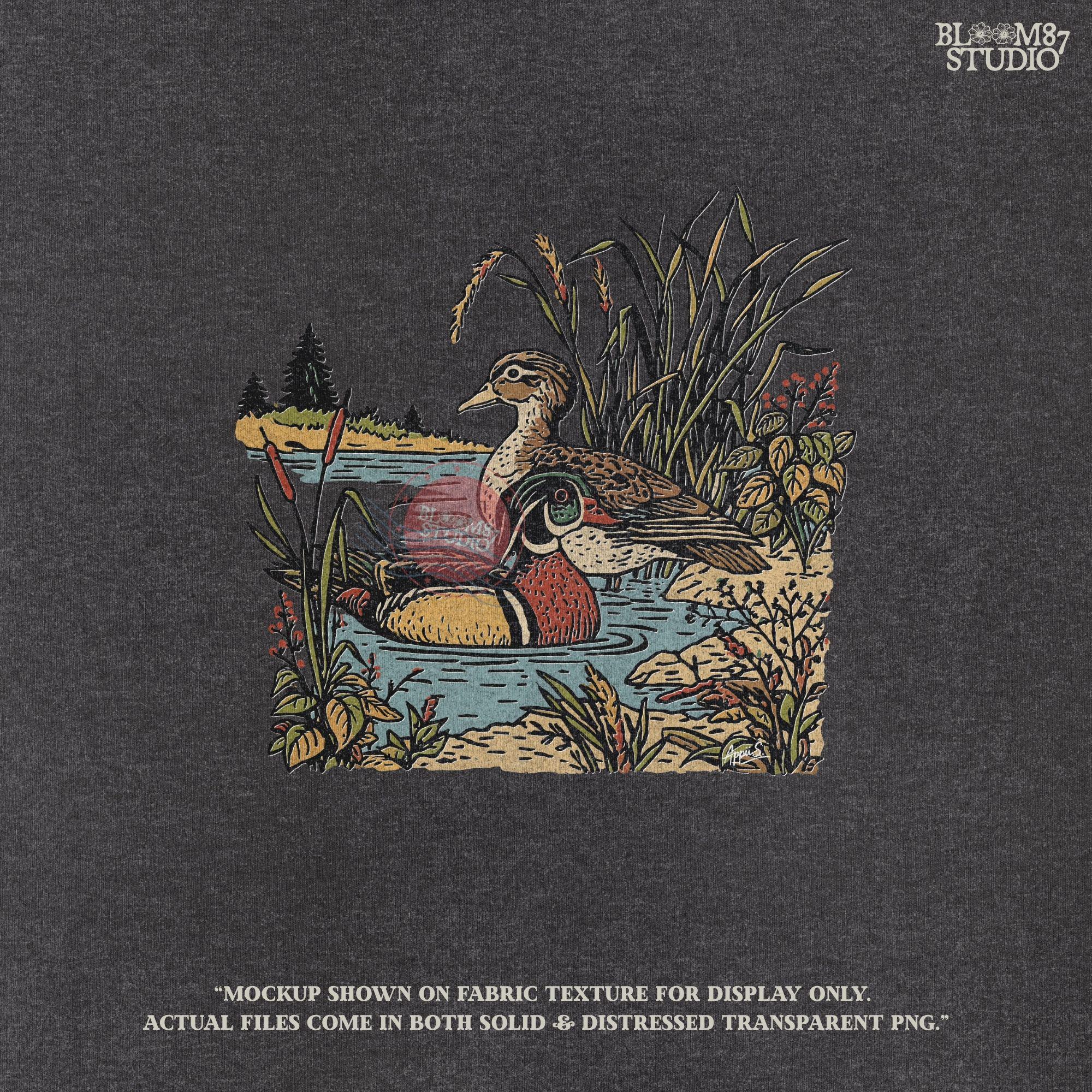 Vintage-style sublimation PNG of two wood ducks in a fall marsh surrounded by cattails and foliage, designed for duck hunting shirts and gifts