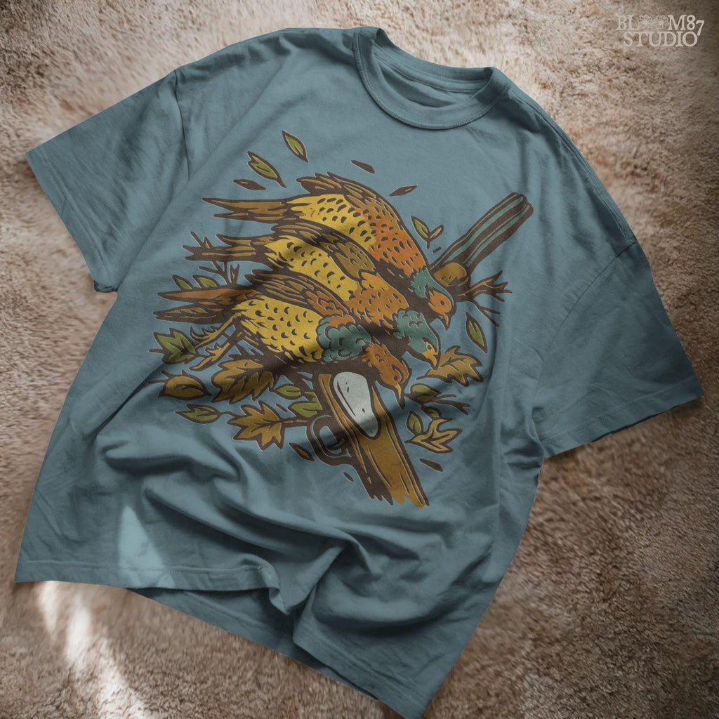 Vintage-style sublimation PNG of three pheasants laid over a shotgun with fall leaves, ideal for upland bird hunting apparel or gifts