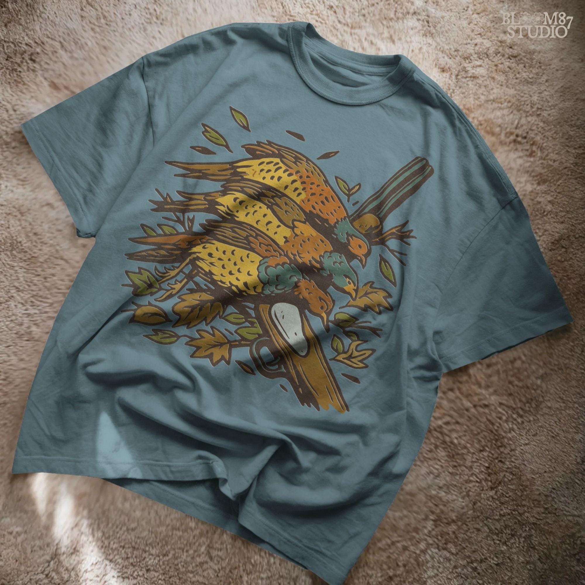 Vintage-style sublimation PNG of three pheasants laid over a shotgun with fall leaves, ideal for upland bird hunting apparel or gifts