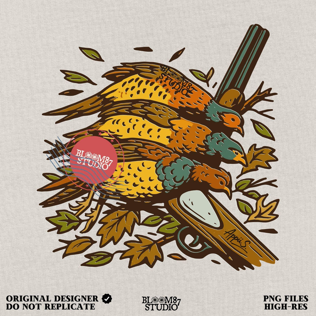 Vintage-style sublimation PNG of three pheasants laid over a shotgun with fall leaves, ideal for upland bird hunting apparel or gifts