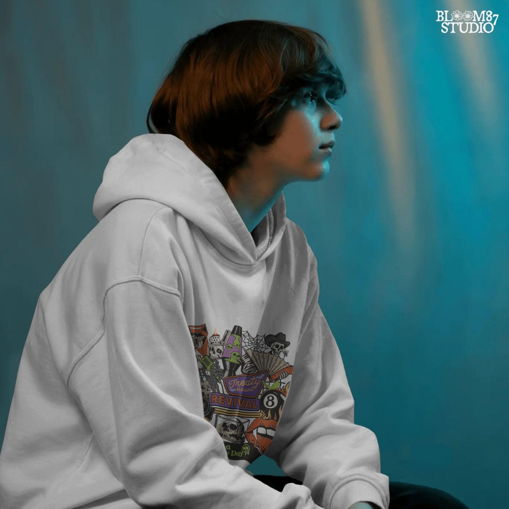 Spooky western collage PNG featuring skeleton cowboy, flames, whiskey, skulls, barbed wire, and Treaty Revival neon sign for Halloween sublimation use.