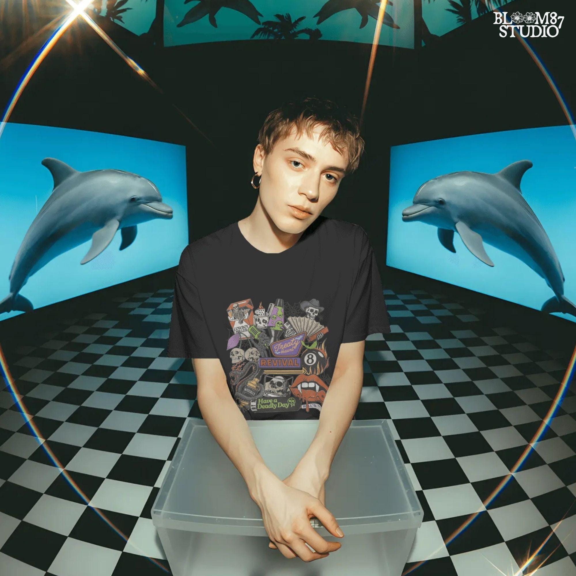 Spooky western collage PNG featuring skeleton cowboy, flames, whiskey, skulls, barbed wire, and Treaty Revival neon sign for Halloween sublimation use.