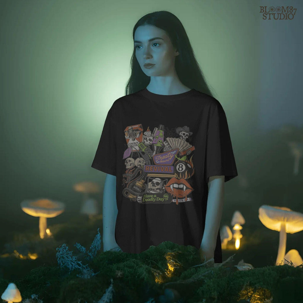 Spooky western collage PNG featuring skeleton cowboy, flames, whiskey, skulls, barbed wire, and Treaty Revival neon sign for Halloween sublimation use.