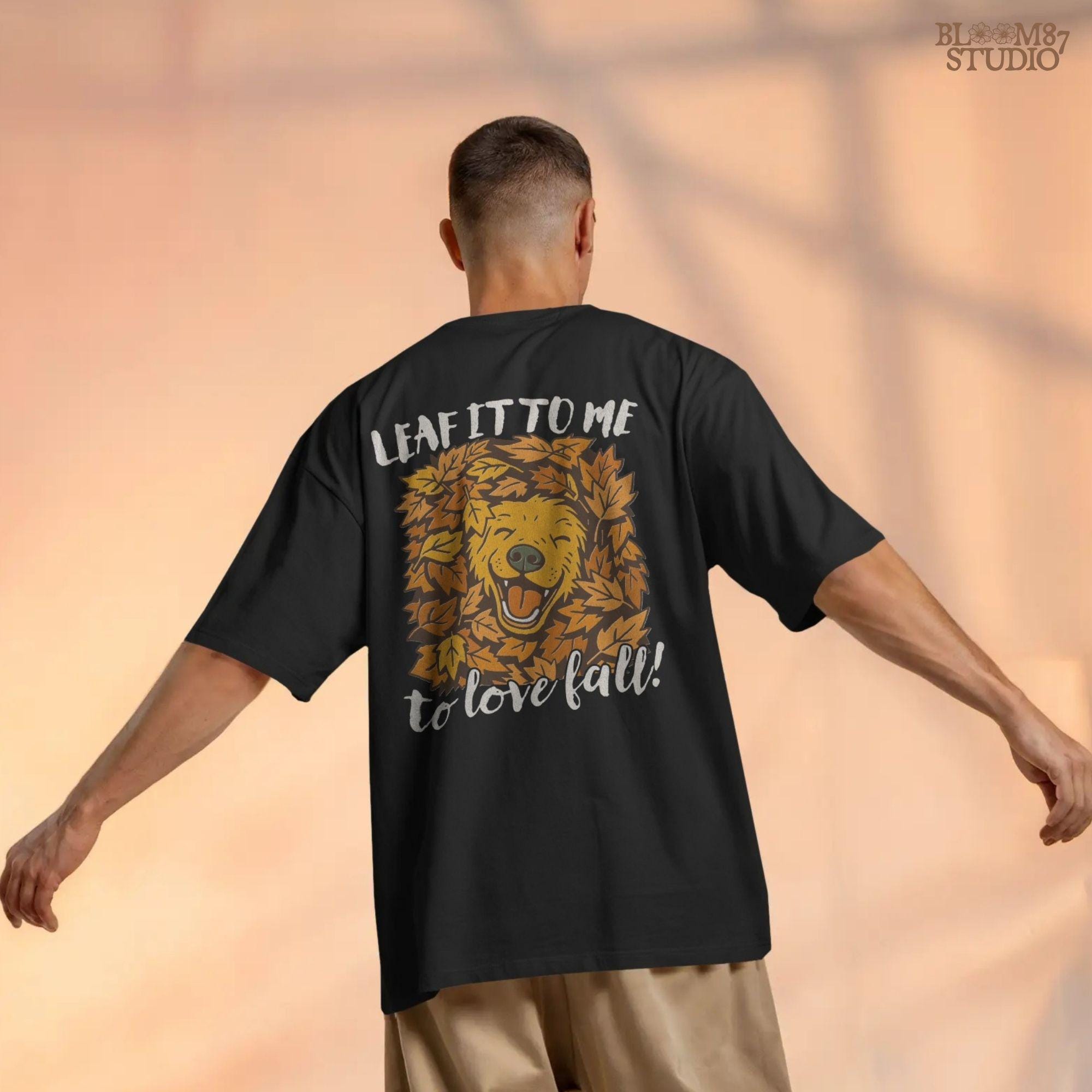 Cute golden retriever surrounded by fall leaves with the phrase “Leaf it to me to love fall”, for autumn dog-themed sublimation projects