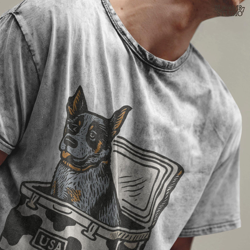 Cartoon-style Blue Heeler dog sitting inside a cowprint cooler with USA patch, perfect for southern patriotic summer sublimation design.