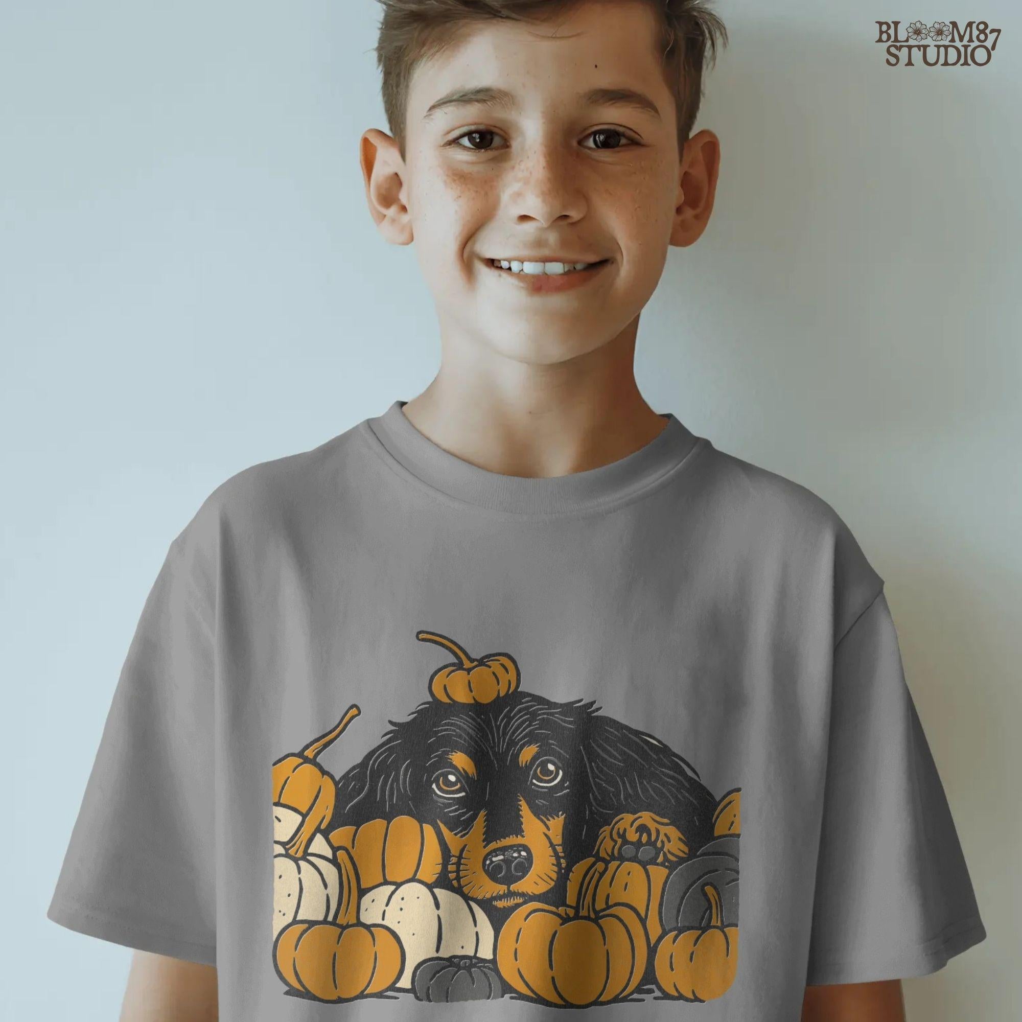 Long-haired dachshund surrounded by fall pumpkins in orange, cream, and gray tones, perfect for autumn sublimation designs and shirts