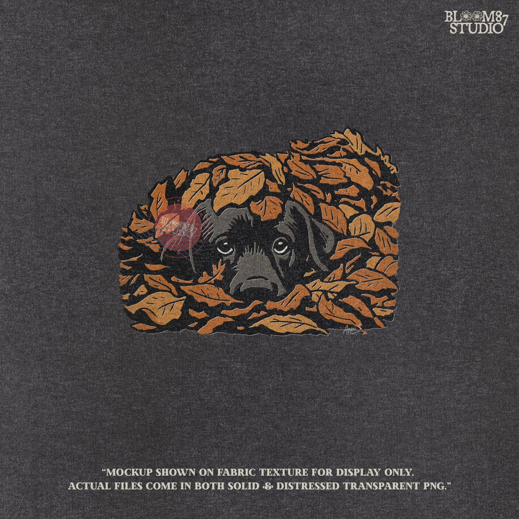 Cute black Labrador retriever peeking through a pile of orange autumn leaves, rustic fall sublimation PNG design