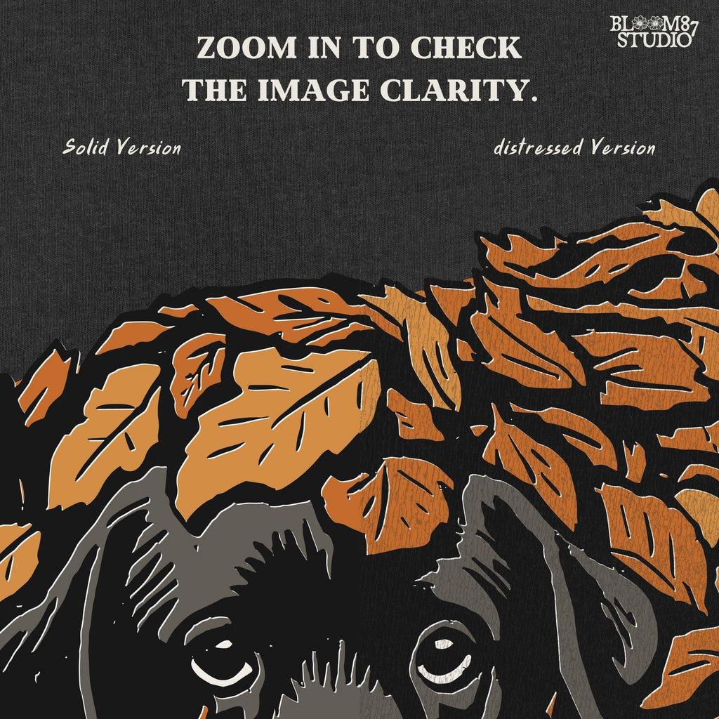 Cute black Labrador retriever peeking through a pile of orange autumn leaves, rustic fall sublimation PNG design