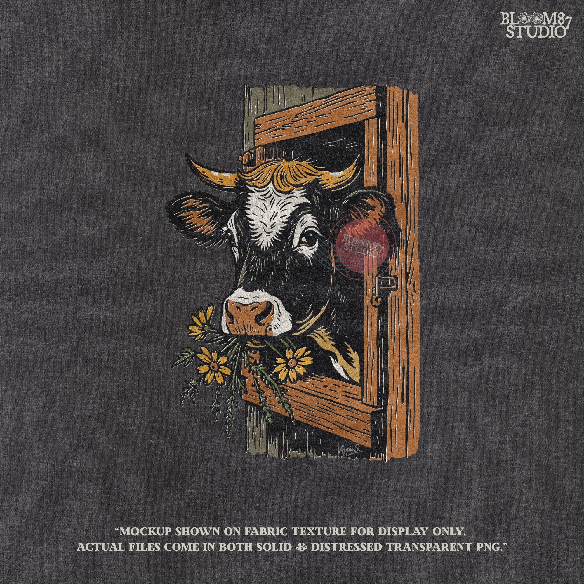 Rustic black and white cow peeking through a wooden barn window, holding yellow wildflowers in its mouth, farm sublimation PNG design