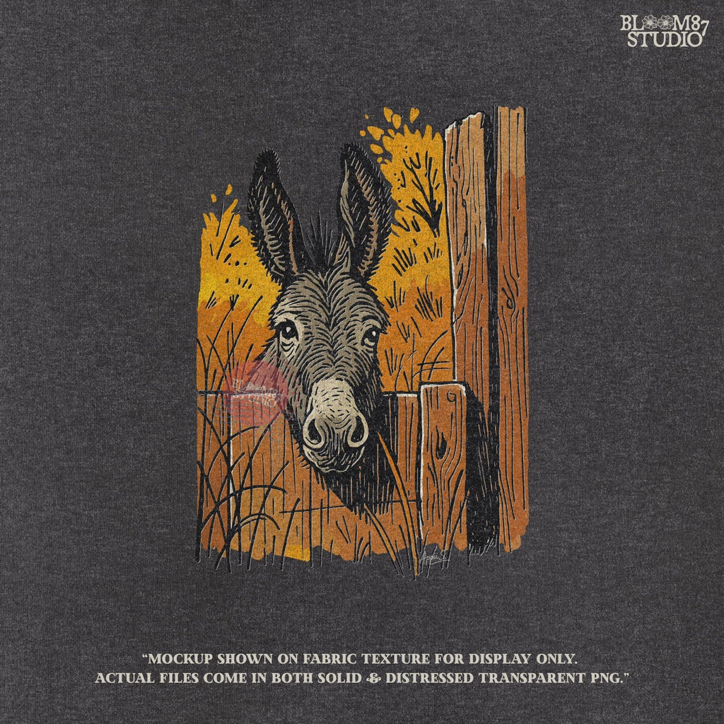 Vintage-style donkey looking through a rustic wooden fence with golden fall foliage in the background, perfect for sublimation crafts