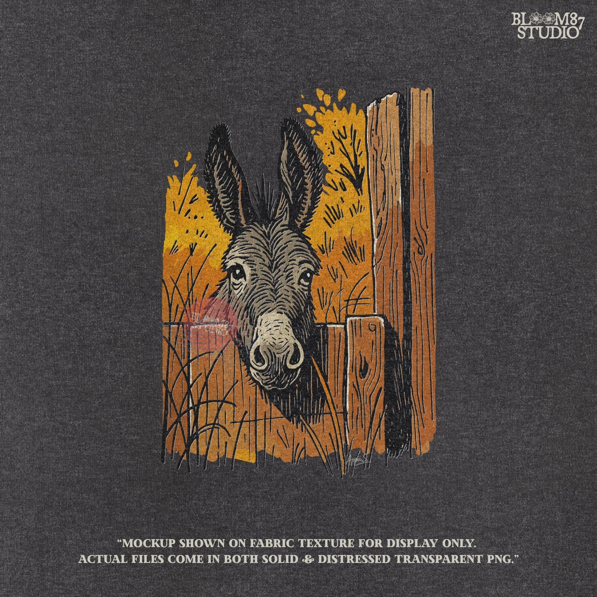 Vintage-style donkey looking through a rustic wooden fence with golden fall foliage in the background, perfect for sublimation crafts