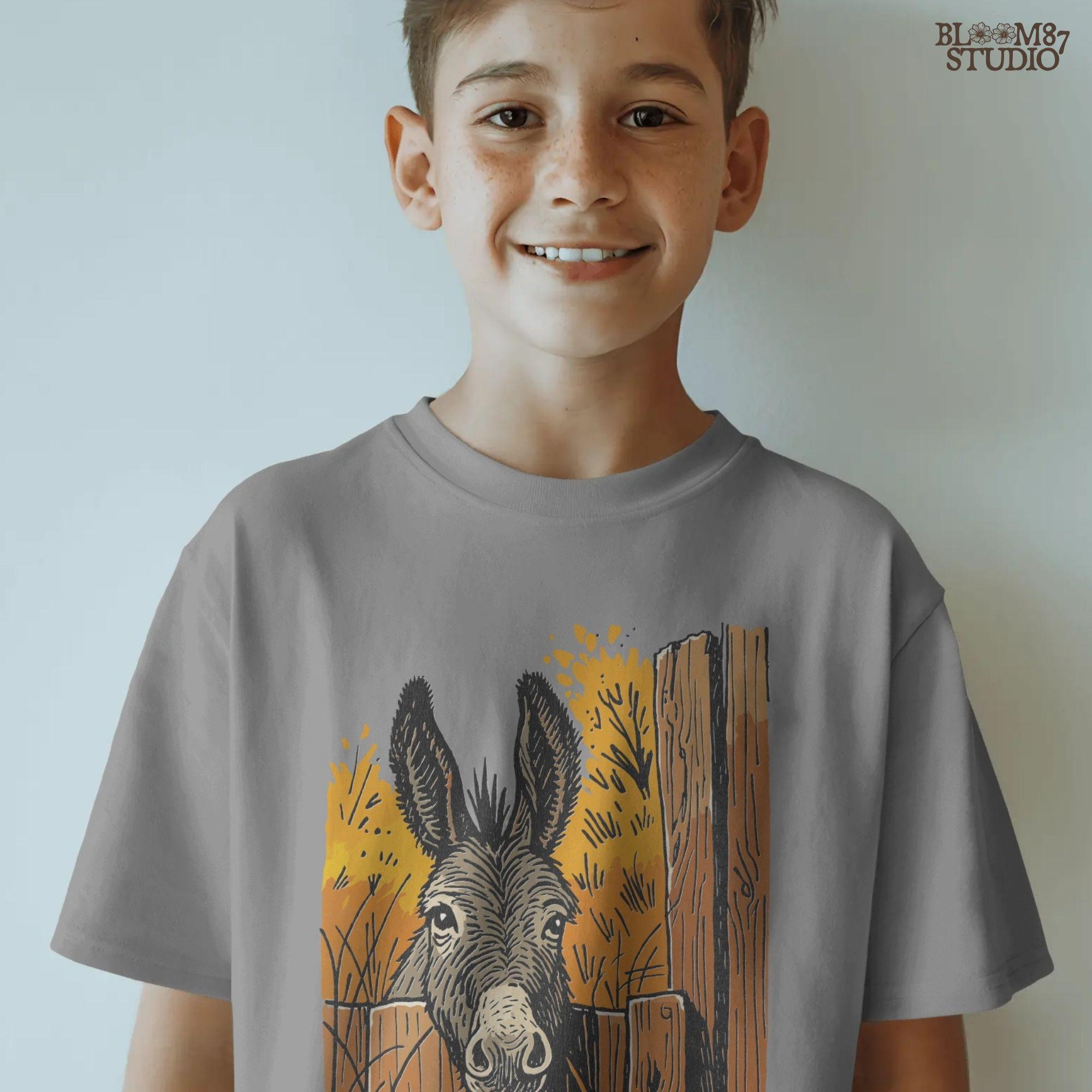 Vintage-style donkey looking through a rustic wooden fence with golden fall foliage in the background, perfect for sublimation crafts