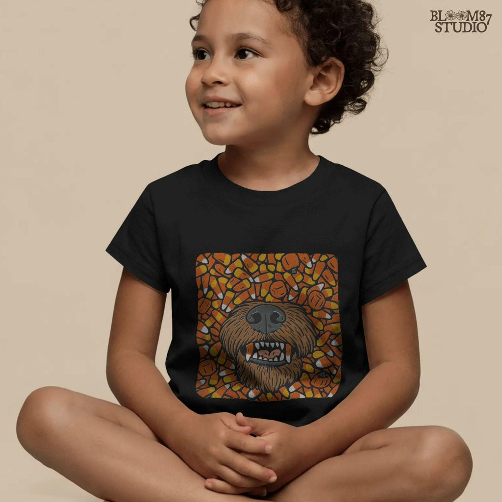 Funny werewolf-style dog face surrounded by candy corn and pumpkins in a Halloween-themed sublimation design