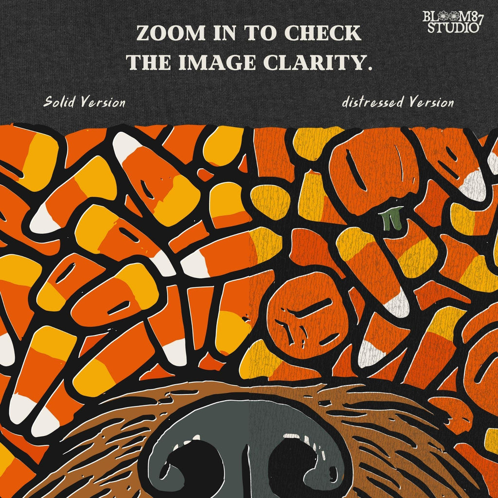 Funny werewolf-style dog face surrounded by candy corn and pumpkins in a Halloween-themed sublimation design