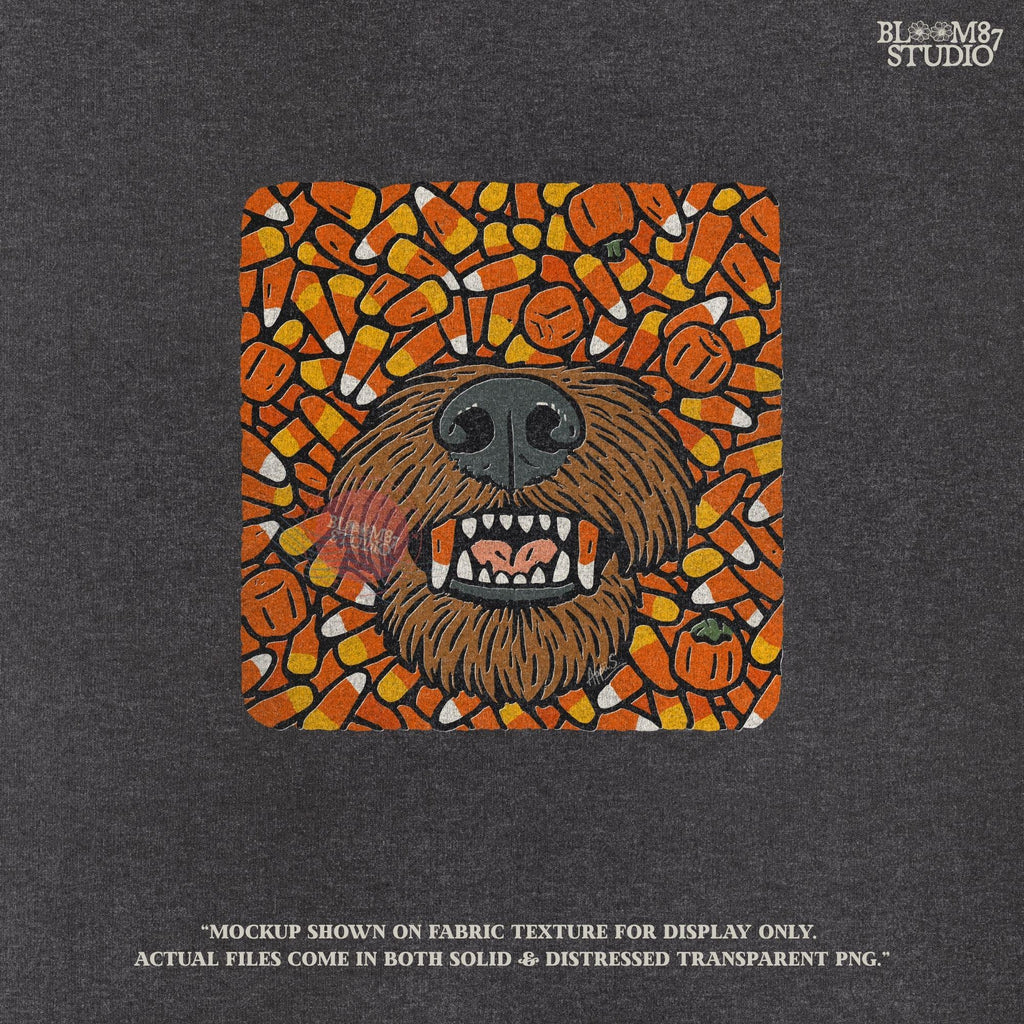 Funny werewolf-style dog face surrounded by candy corn and pumpkins in a Halloween-themed sublimation design