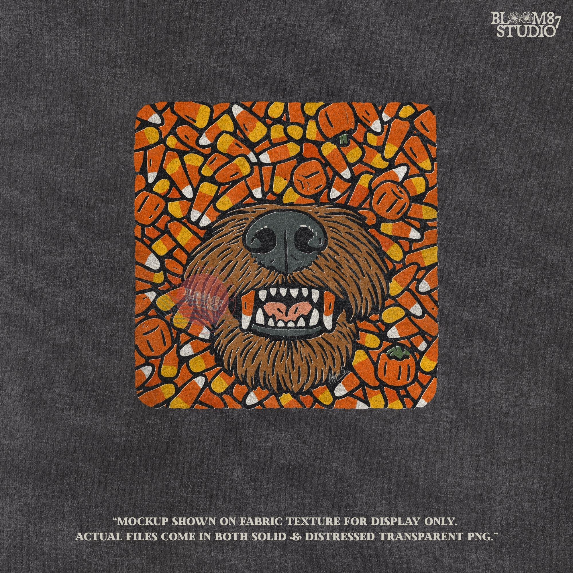 Funny werewolf-style dog face surrounded by candy corn and pumpkins in a Halloween-themed sublimation design