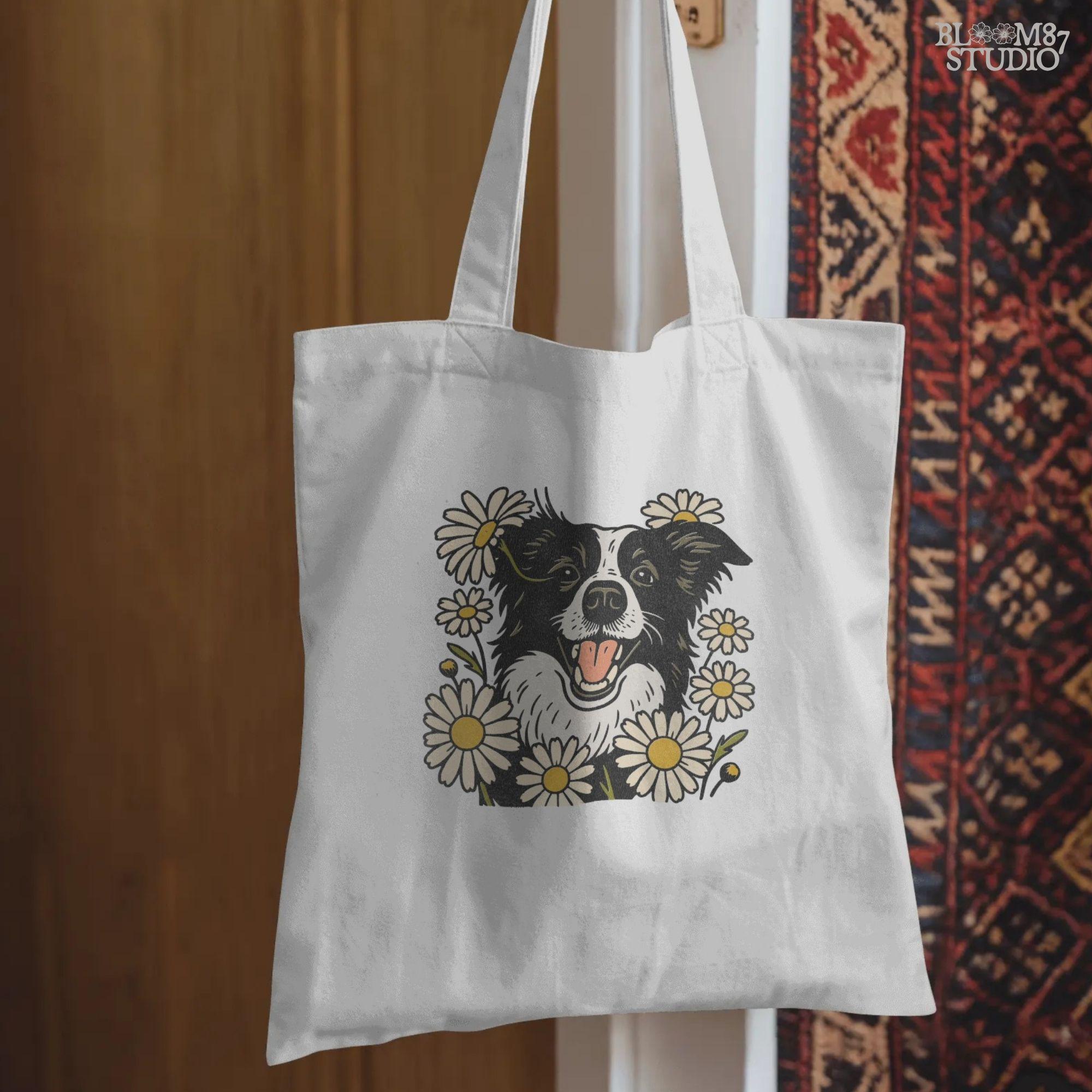 Happy Border Collie dog surrounded by white and yellow daisy flowers in a spring floral sublimation PNG design