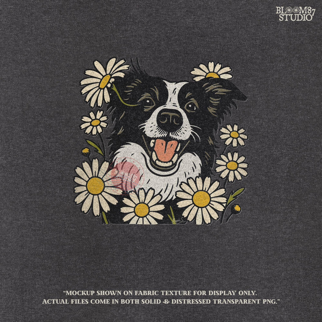 Happy Border Collie dog surrounded by white and yellow daisy flowers in a spring floral sublimation PNG design