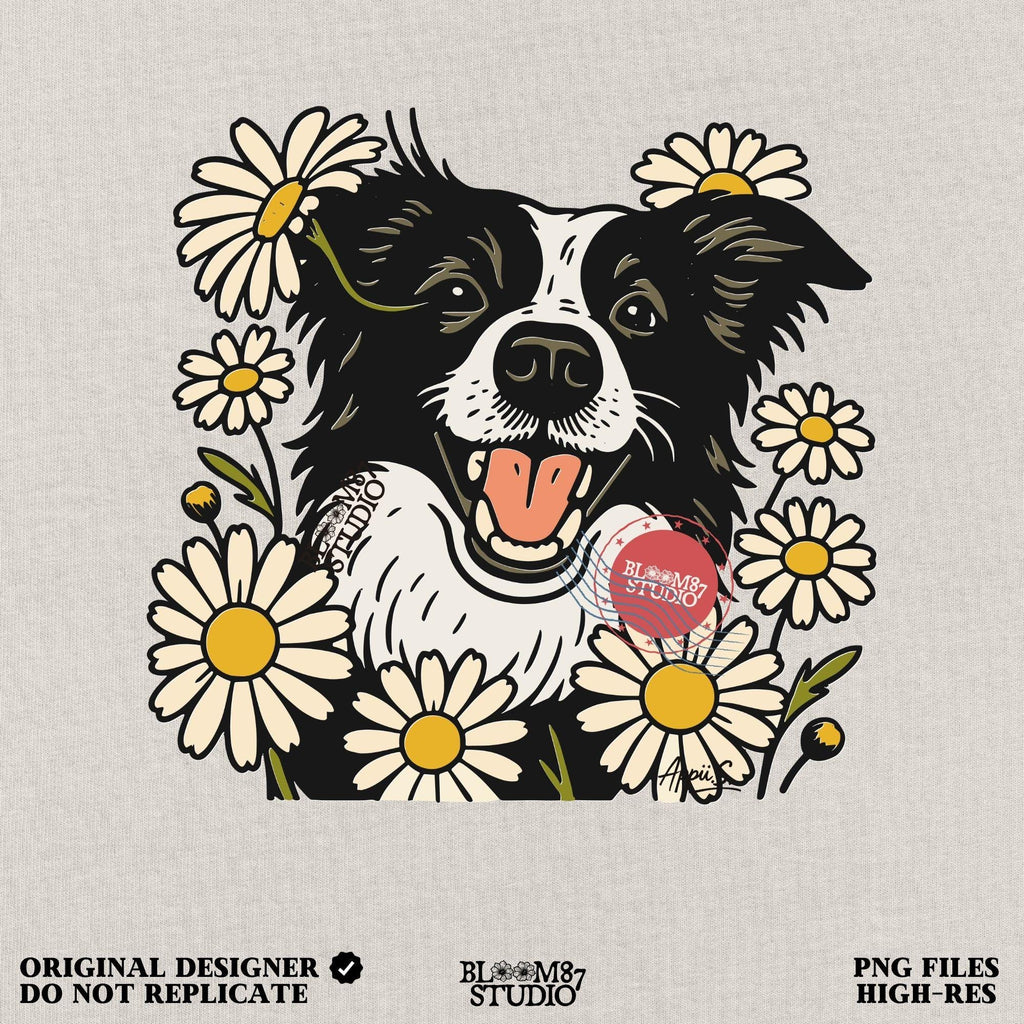 Happy Border Collie dog surrounded by white and yellow daisy flowers in a spring floral sublimation PNG design