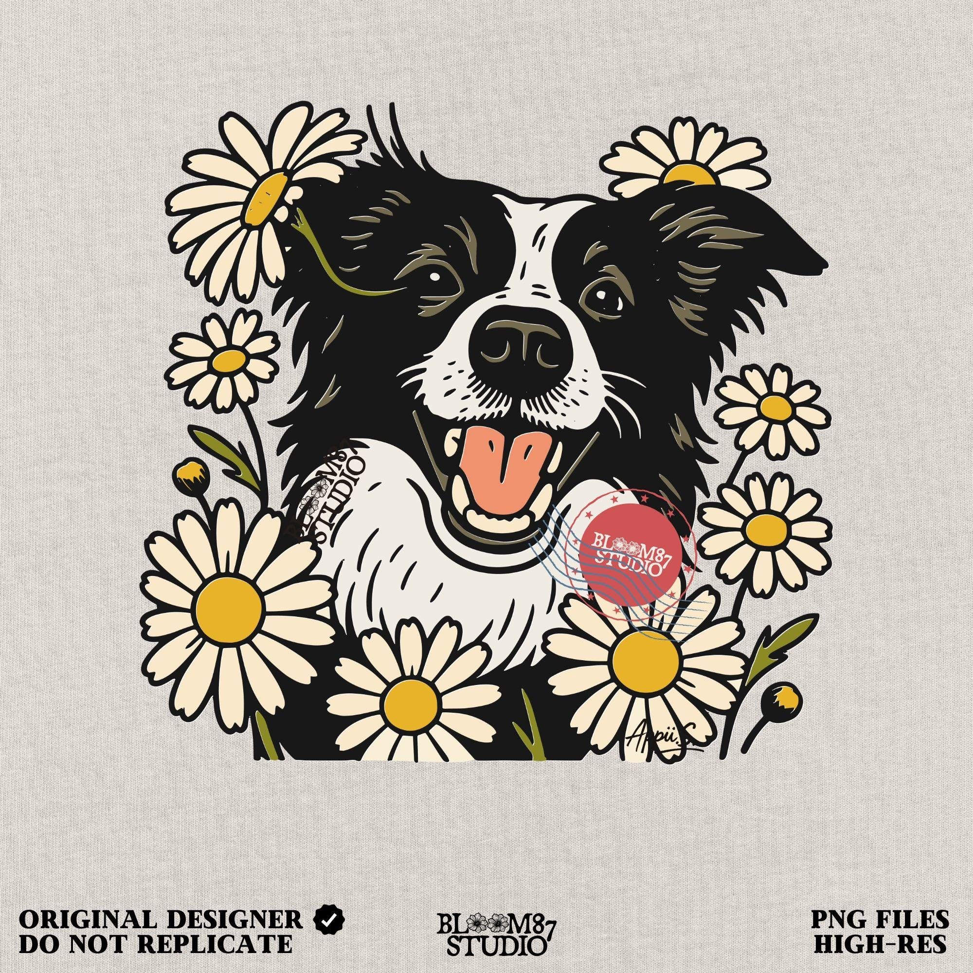 Happy Border Collie dog surrounded by white and yellow daisy flowers in a spring floral sublimation PNG design
