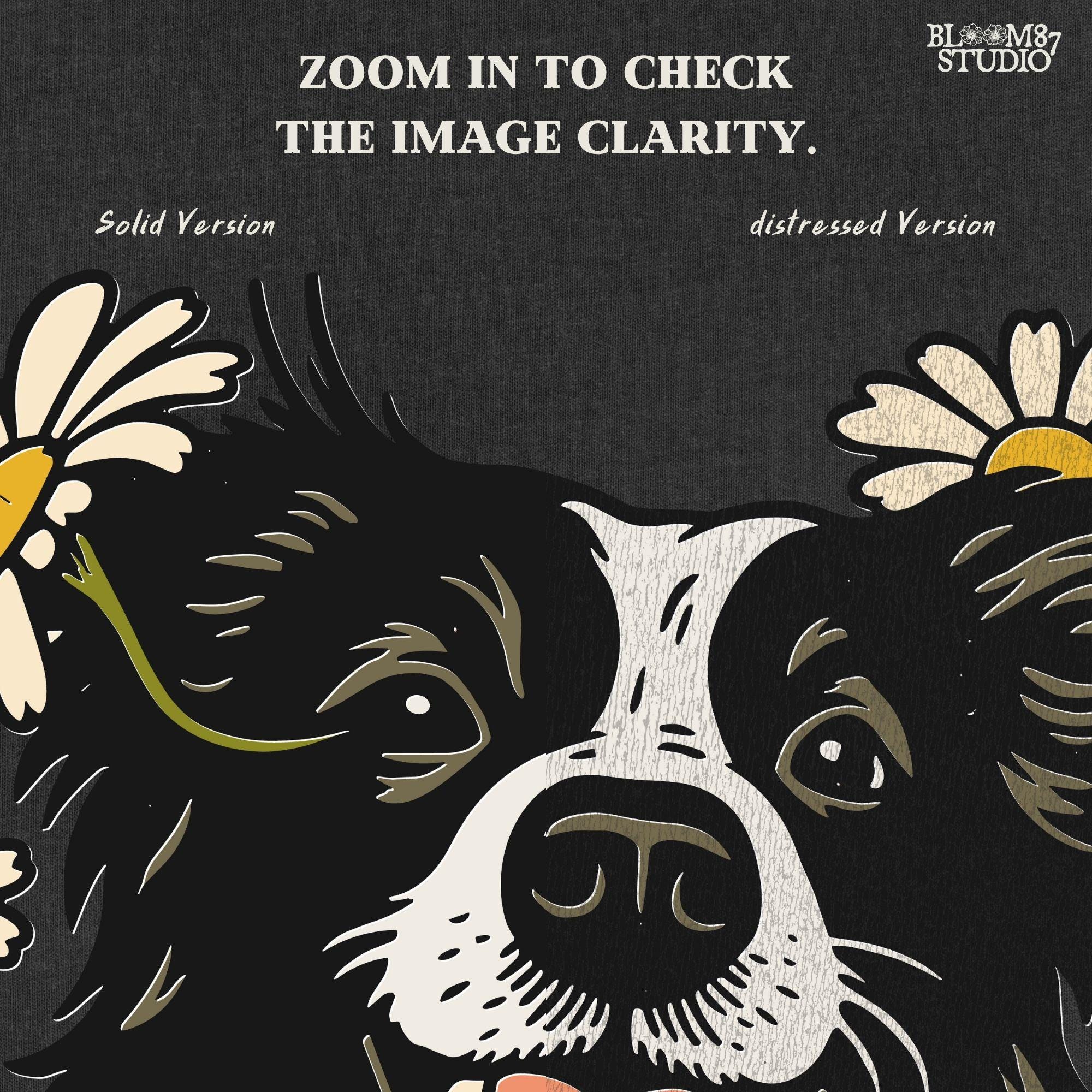 Happy Border Collie dog surrounded by white and yellow daisy flowers in a spring floral sublimation PNG design