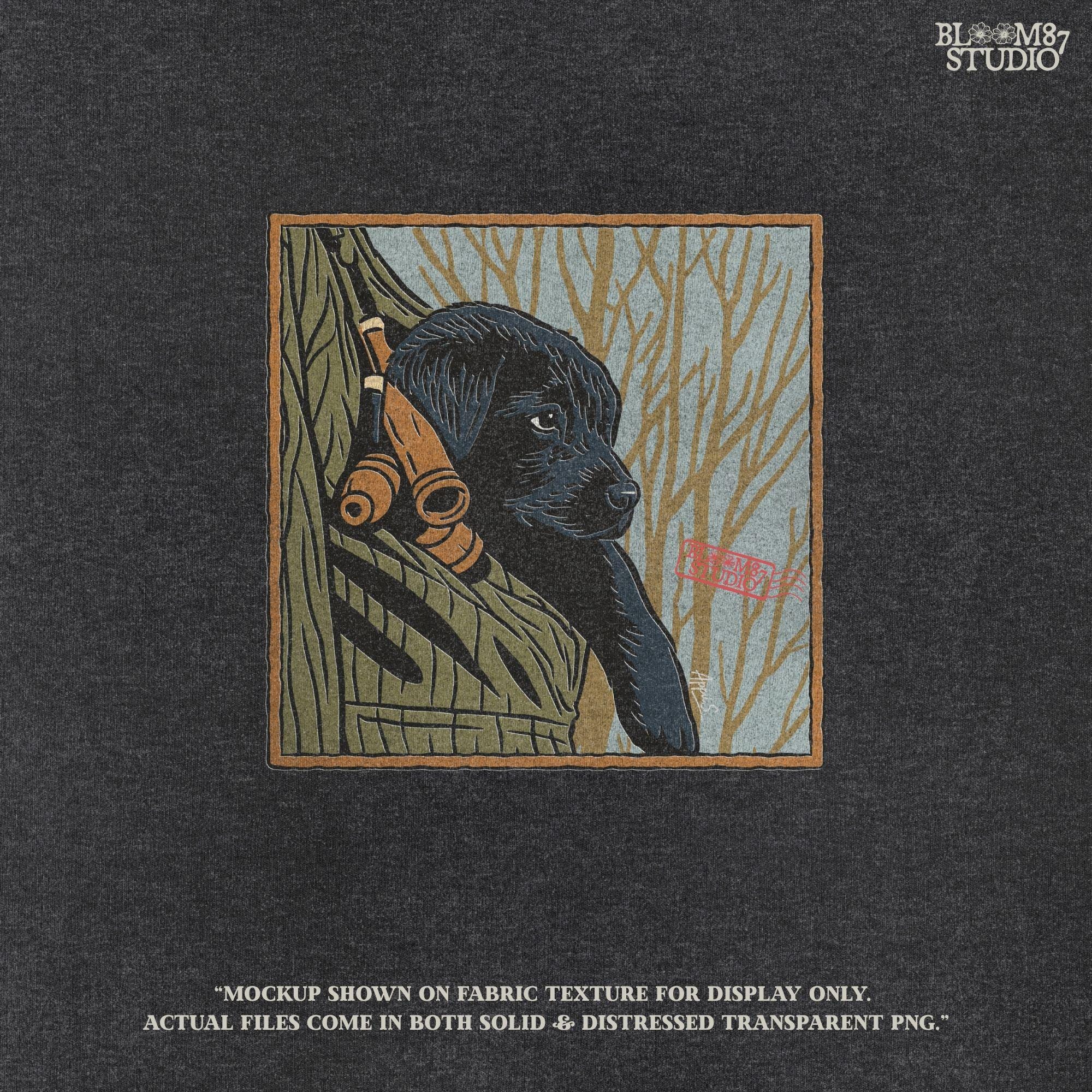 Black Labrador puppy sitting in a camo hunting vest with duck calls, perfect for fall hunting season sublimation designs.