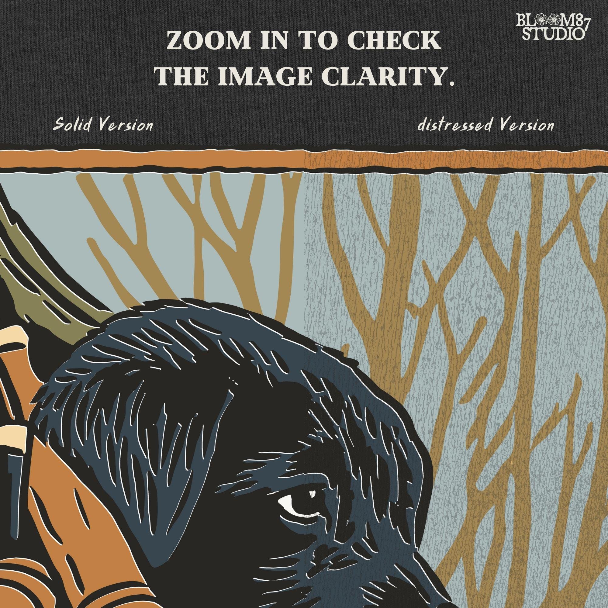 Black Labrador puppy sitting in a camo hunting vest with duck calls, perfect for fall hunting season sublimation designs.