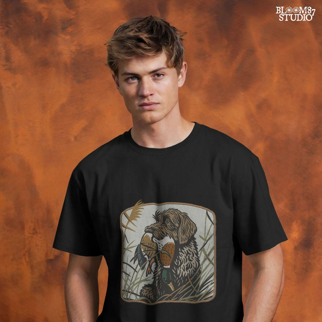 Wirehaired hunting dog holding a mallard duck in its mouth, surrounded by tall grass in a fall marsh scene, sublimation PNG for hunting-themed designs.