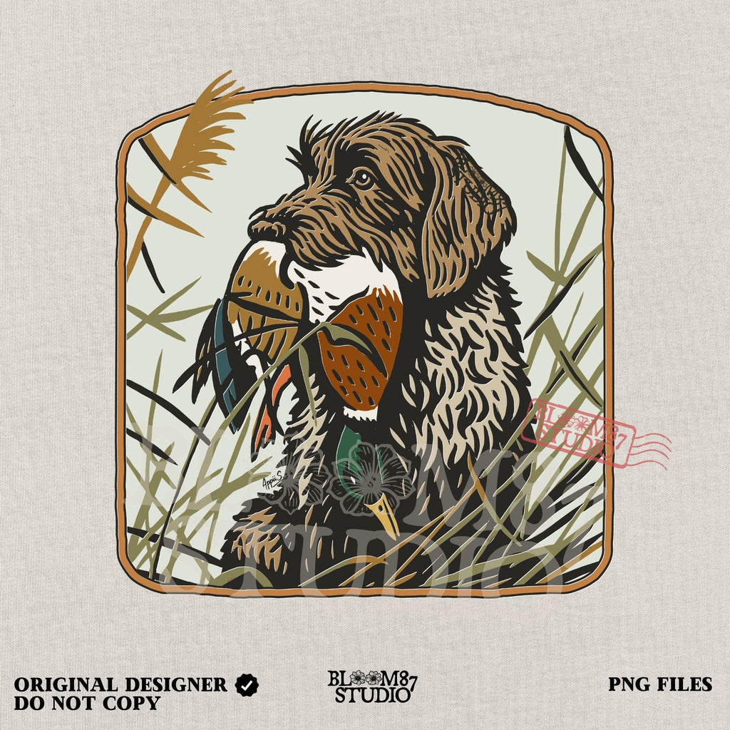 Wirehaired hunting dog holding a mallard duck in its mouth, surrounded by tall grass in a fall marsh scene, sublimation PNG for hunting-themed designs.