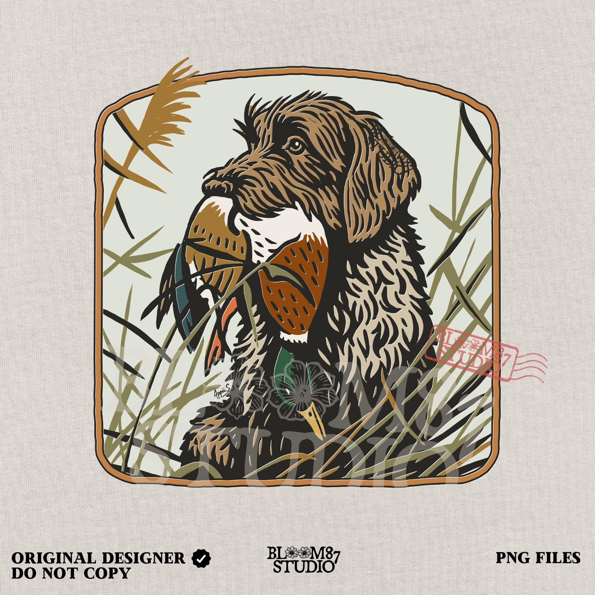 Wirehaired hunting dog holding a mallard duck in its mouth, surrounded by tall grass in a fall marsh scene, sublimation PNG for hunting-themed designs.