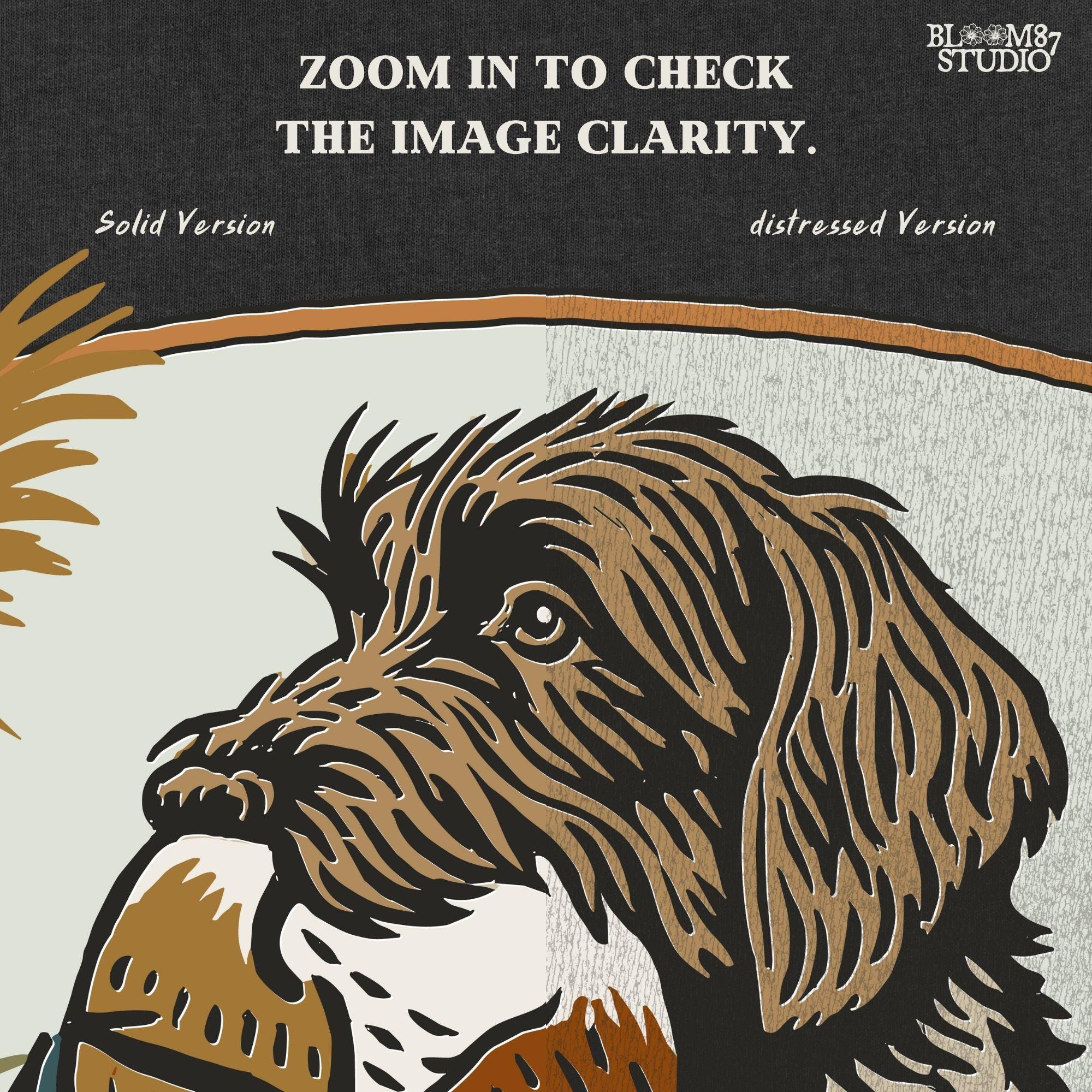 Wirehaired hunting dog holding a mallard duck in its mouth, surrounded by tall grass in a fall marsh scene, sublimation PNG for hunting-themed designs.