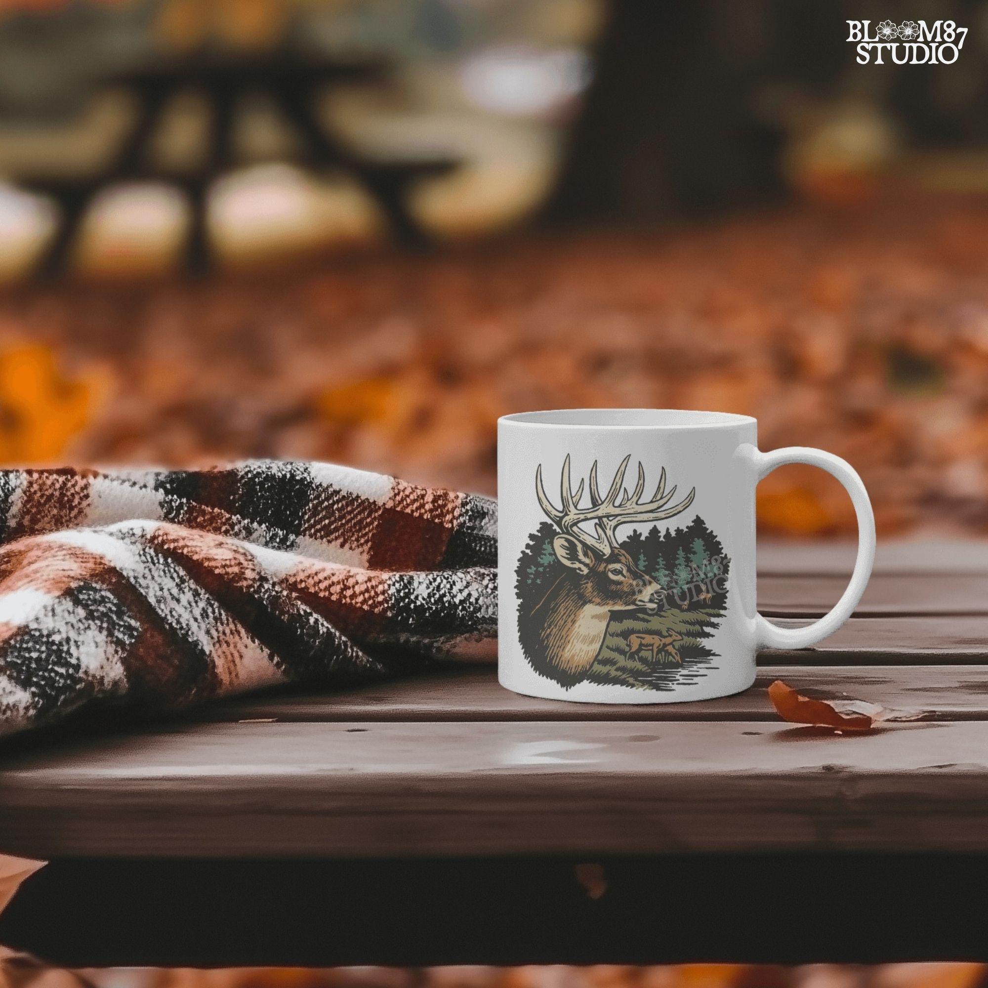 Detailed illustration of a whitetail deer buck with antlers in a forest landscape, surrounded by trees and a doe family, for sublimation designs.