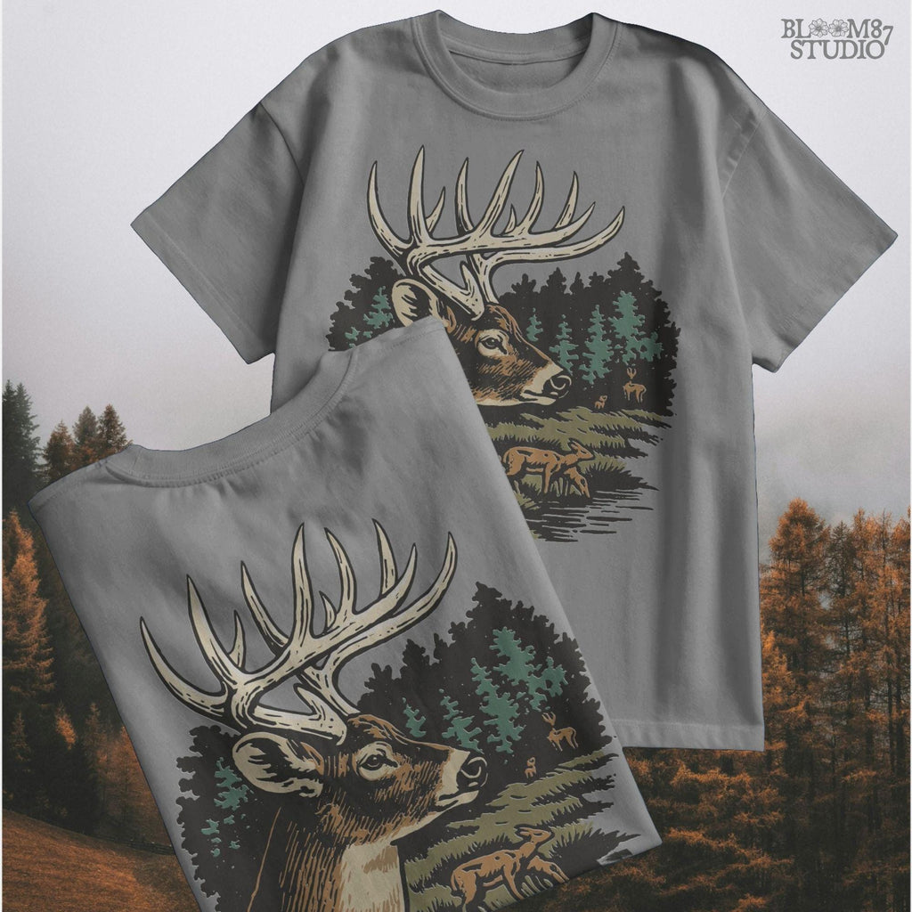 Detailed illustration of a whitetail deer buck with antlers in a forest landscape, surrounded by trees and a doe family, for sublimation designs.