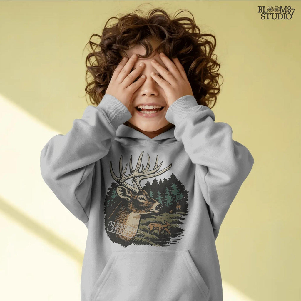 Detailed illustration of a whitetail deer buck with antlers in a forest landscape, surrounded by trees and a doe family, for sublimation designs.