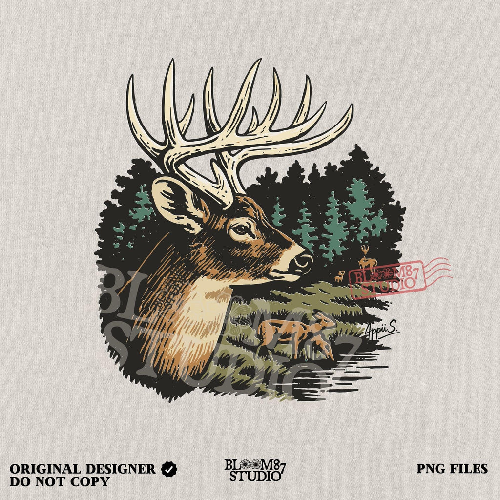 Detailed illustration of a whitetail deer buck with antlers in a forest landscape, surrounded by trees and a doe family, for sublimation designs.