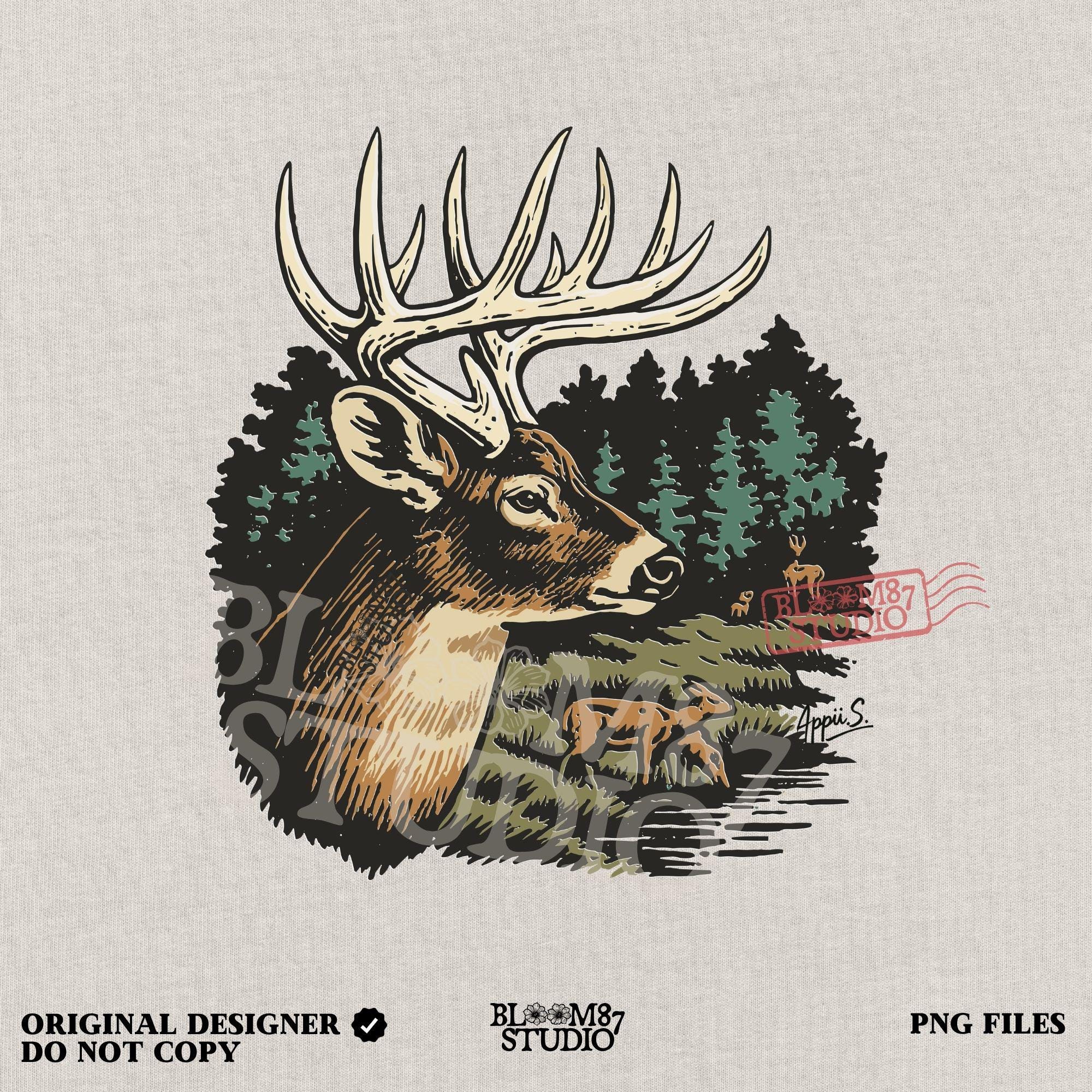 Detailed illustration of a whitetail deer buck with antlers in a forest landscape, surrounded by trees and a doe family, for sublimation designs.