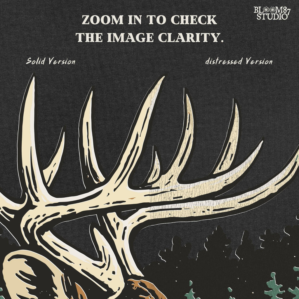 Detailed illustration of a whitetail deer buck with antlers in a forest landscape, surrounded by trees and a doe family, for sublimation designs.