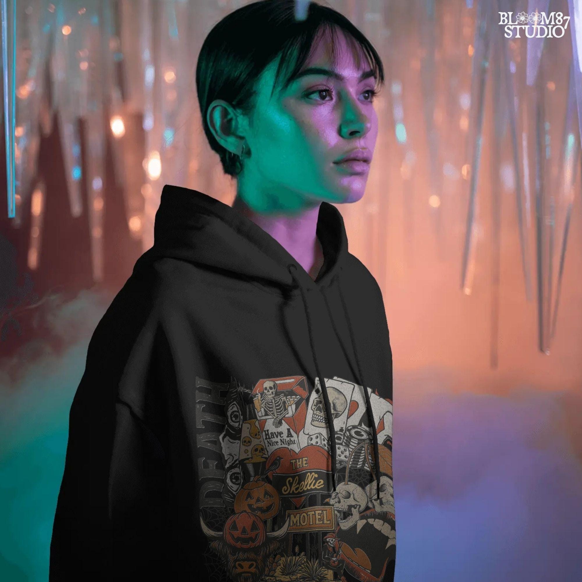 Collage-style sublimation PNG featuring skeletons, jack-o’-lanterns, vampire lips, poker chips, and retro motel signage with spooky western vibes.