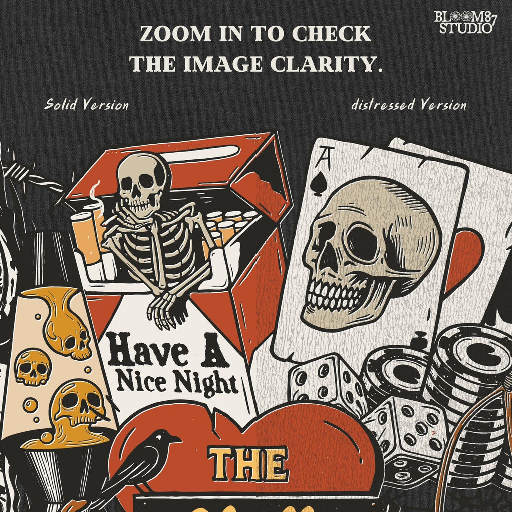 Collage-style sublimation PNG featuring skeletons, jack-o’-lanterns, vampire lips, poker chips, and retro motel signage with spooky western vibes.