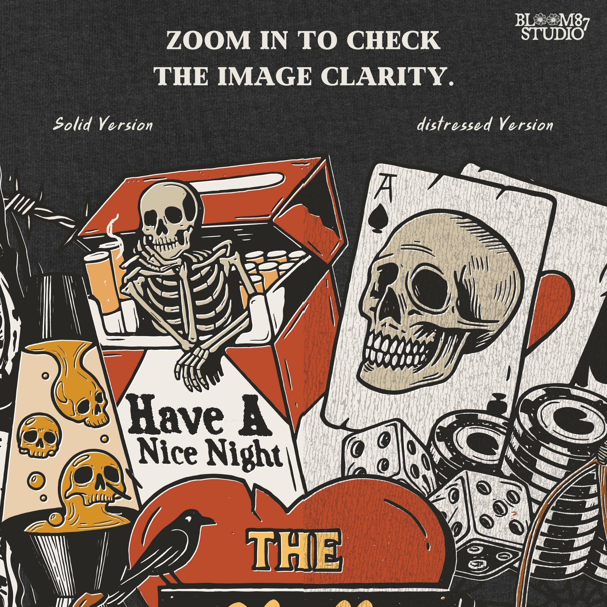 Collage-style sublimation PNG featuring skeletons, jack-o’-lanterns, vampire lips, poker chips, and retro motel signage with spooky western vibes.