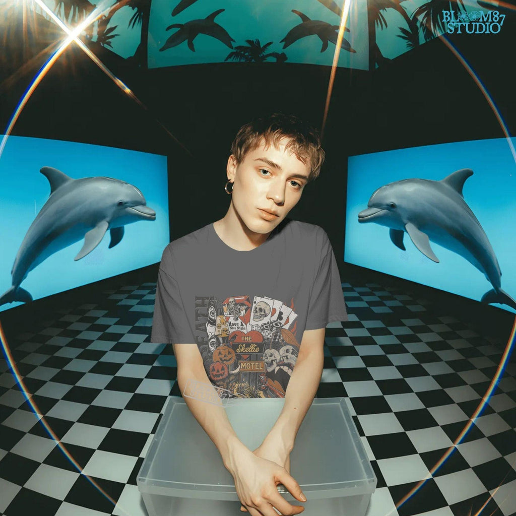 Collage-style sublimation PNG featuring skeletons, jack-o’-lanterns, vampire lips, poker chips, and retro motel signage with spooky western vibes.