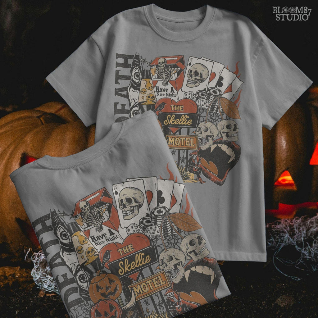 Collage-style sublimation PNG featuring skeletons, jack-o’-lanterns, vampire lips, poker chips, and retro motel signage with spooky western vibes.