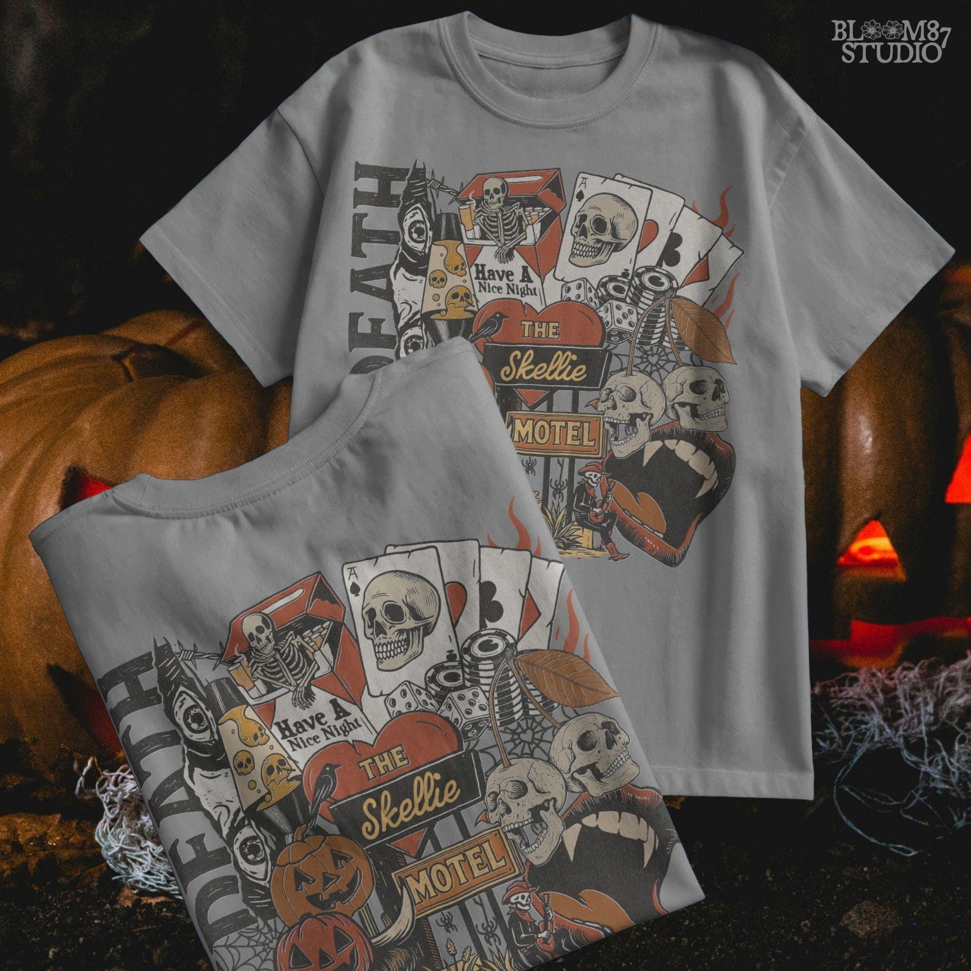 Collage-style sublimation PNG featuring skeletons, jack-o’-lanterns, vampire lips, poker chips, and retro motel signage with spooky western vibes.