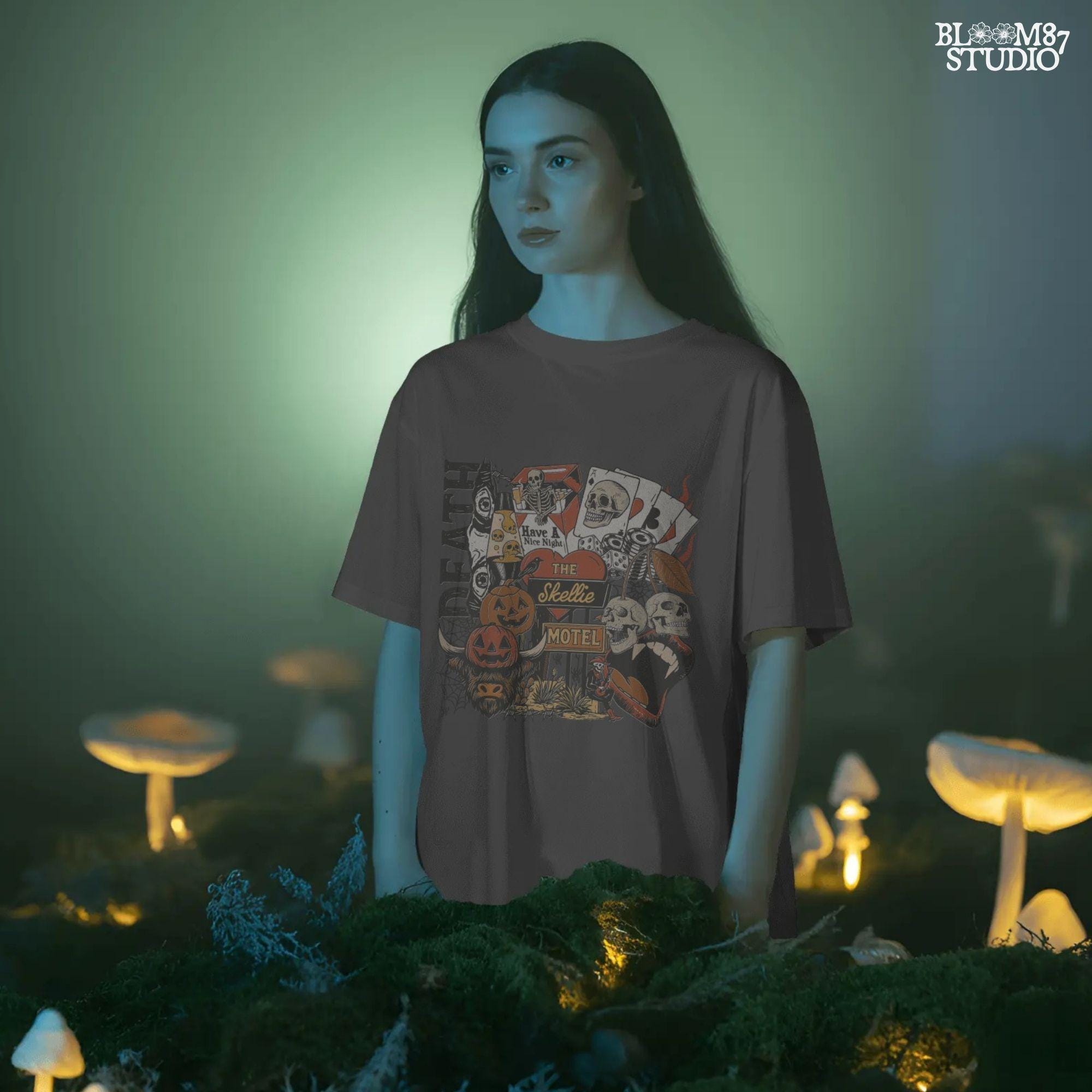 Collage-style sublimation PNG featuring skeletons, jack-o’-lanterns, vampire lips, poker chips, and retro motel signage with spooky western vibes.